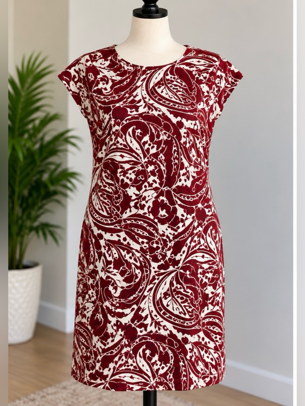 ZARA Red White Paisley Print Midi Shift Dress Women’s Size L